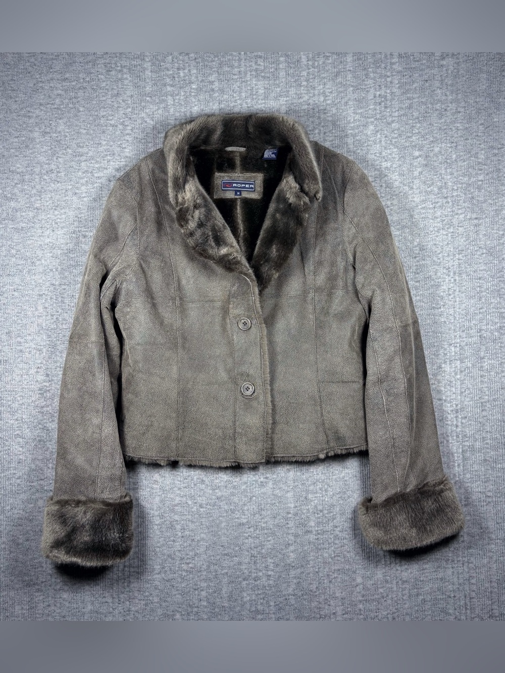 Roper Leather Coat Jacket Women's Size M Faux Fur Brown Button Up Western Boho